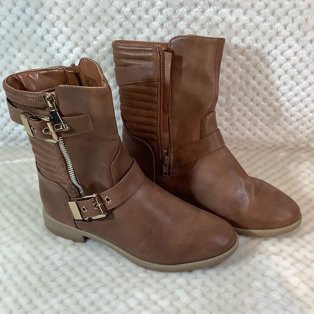 My Style Brown Ankle Boots Size 7 Buckle Detail Side Zip Low Heel